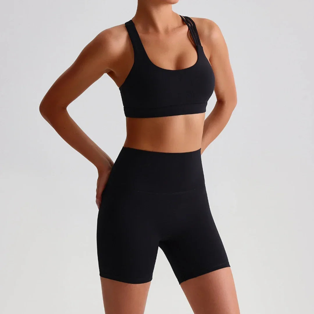 Solid Color Soft Tight Women Gym Yoga Short Legging Cycling Set High Impact Cross Back Shoulder Strap Fitness Sports Bra Workout