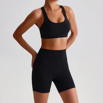 Solid Color Soft Tight Women Gym Yoga Short Legging Cycling Set High Impact Cross Back Shoulder Strap Fitness Sports Bra Workout