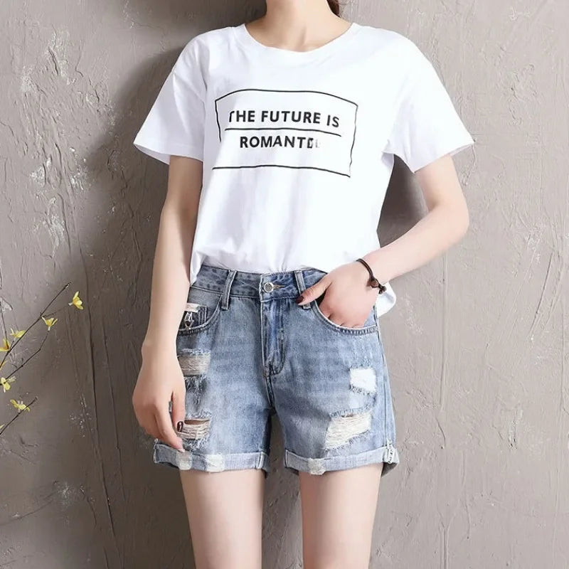 Women's Denim Shorts Ripped Boxer High Waist Female Short Jeans Pants Cheap Offer Aesthetic Hot Kpop Harajuku Fashion Stretchy