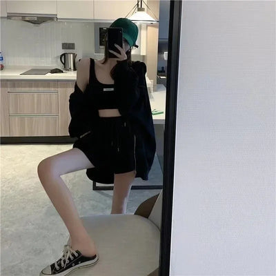 Casual Shorts Three 3 Piece Sets Women Vest Drawstring Shorts Hooded Zipper Jacket Sportswear Suits Female Solid Sports Hoodie