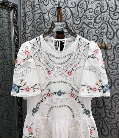 Women Crochet Lace Embroidery Floral White Yellow Dress Linen