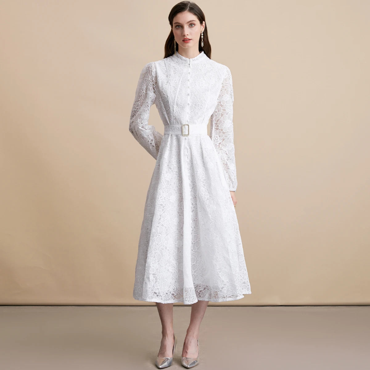 Autumn French High-end Elegant Evening Dress Women's Lace Embroidery Stand Collar Single-breasted Dress Heavy Work Banquet Robe