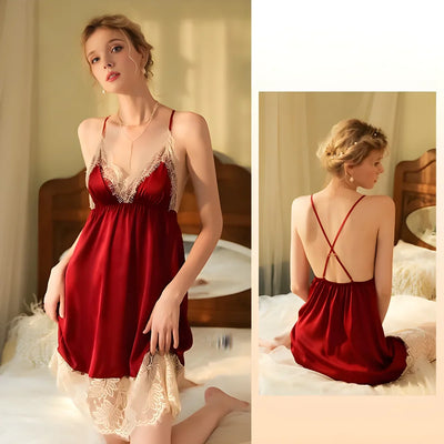 Comfortable and soft women's home wear, backless pajamas, halter dresses, lace nightgowns, French elegance