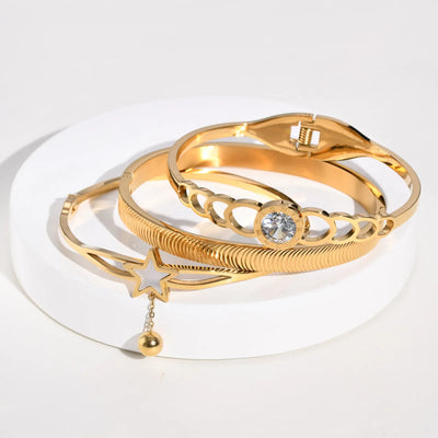 Statement Bangles Gold Plated, Star With Ball Charms Roman Numeral Rhinestone Bracelet, Elegant Party Jewelry for Women