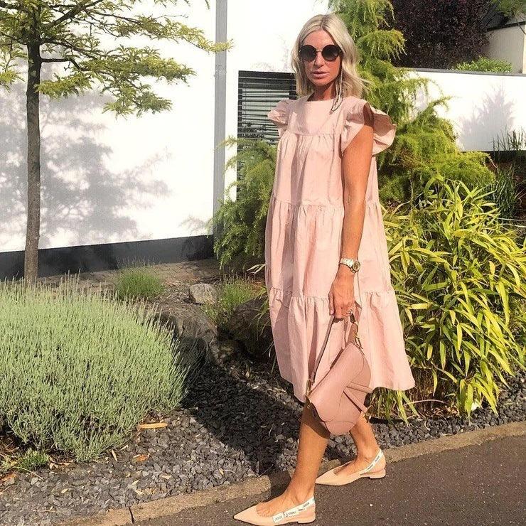 Women's Summer Ruff Sundress Elegant Casual Party Beach Vintage Swing Midi Dress 2022 Solid Bohemian Oversized Vestidos Robe