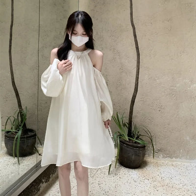 A-line Off Shoulder Halter Dress Off Shoulder Hanging Neck Lace-up Short Skirts Beachwear Sweet Girl Style Dresses Women Summer