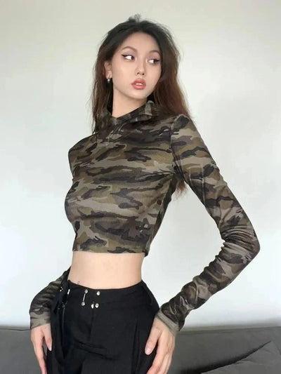 American Camo Streetwear Tops Women Back Hollow Out