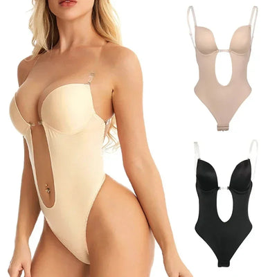 Invisible Shaper Bra Bodysuit Corset Backless Deep V-Neck U Plunge Thong Waist Trainer Clear Strap Padded Push Up Shapewear