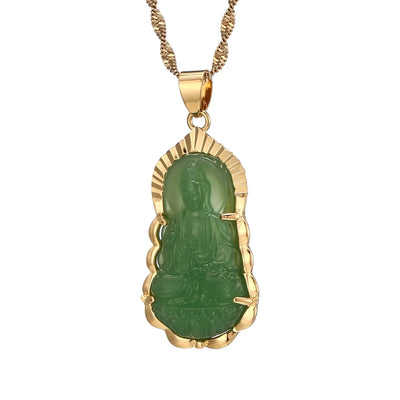 Green Jade Guanyin Pendant Necklace Chinese Buddha Buddhist Charm Maitreya Amulet Hinduism Jewelry