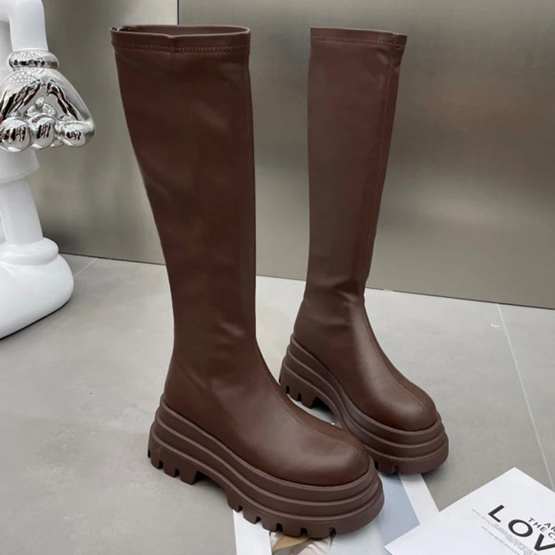 Knee High Women's Long Boots Flats Platform Fashion Shoes Designer Dress Winter Woman Boots 2025 Chelsea Botas De Mujer Zapatos