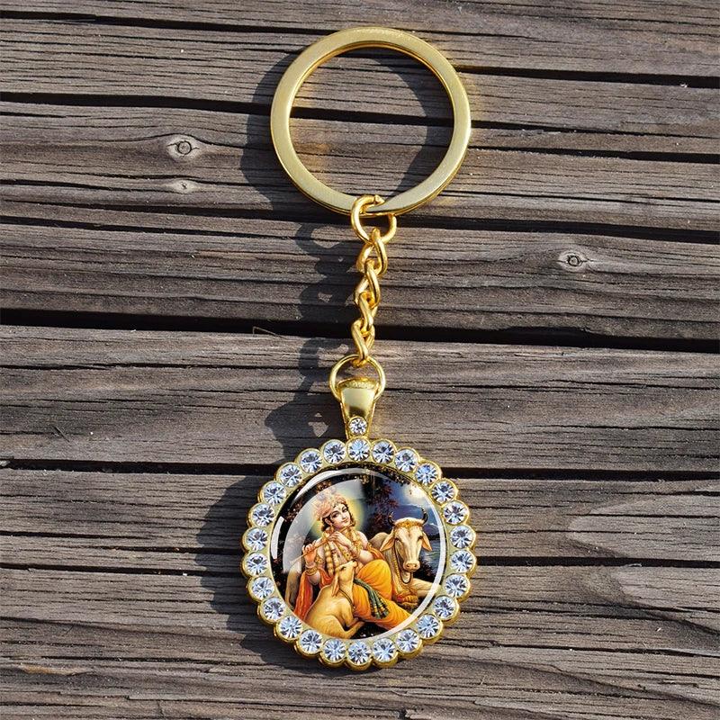 Shiva Nataraja Keychain Buddhist Jewelry Lakshmi Goddess Rhinestone Pendant Hinduism Amulet Keyring Gift