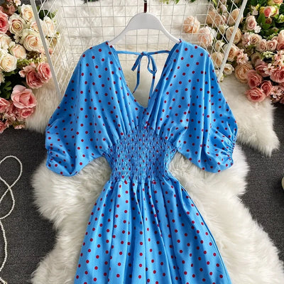 V Neck Sexy Dolman Sleeves Waist Slim Polka Dot Print Jumpsuit Women Wide Leg Trousers Jumpsuit