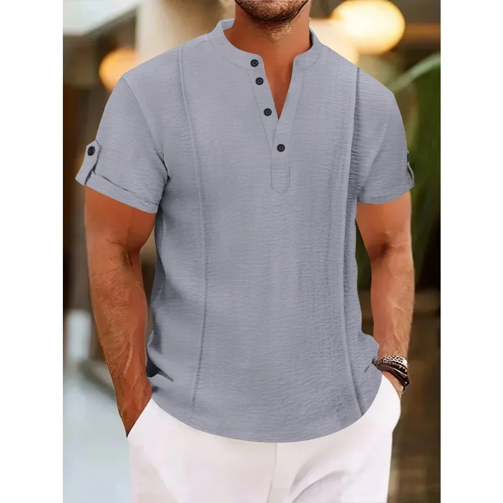 Men's summer new style standing collar short-sleeved POLO Shirts double button front casual outdoor beach wind solid color Tops