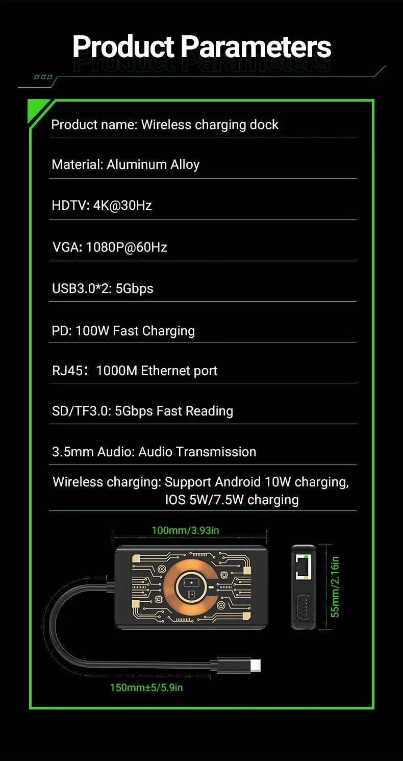 9in1 Wireless Charging Dock Multifunctional Docking Station with Wireless Charger Type C USB Hub for Phone/Pad/Laptop Expansion