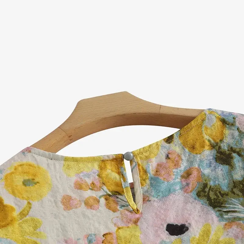 Women's Linen Bohemian Floral Printed  3/4 Sleeve O-Neck Top