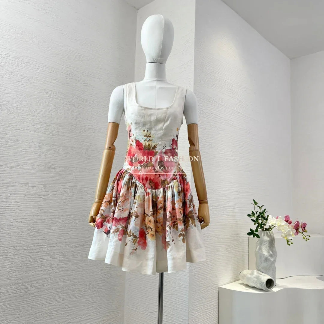 Linen 2025 Summer High Quality New Sleeveless White A-line Cut Out Floral Print Pleats Women Mini Dress