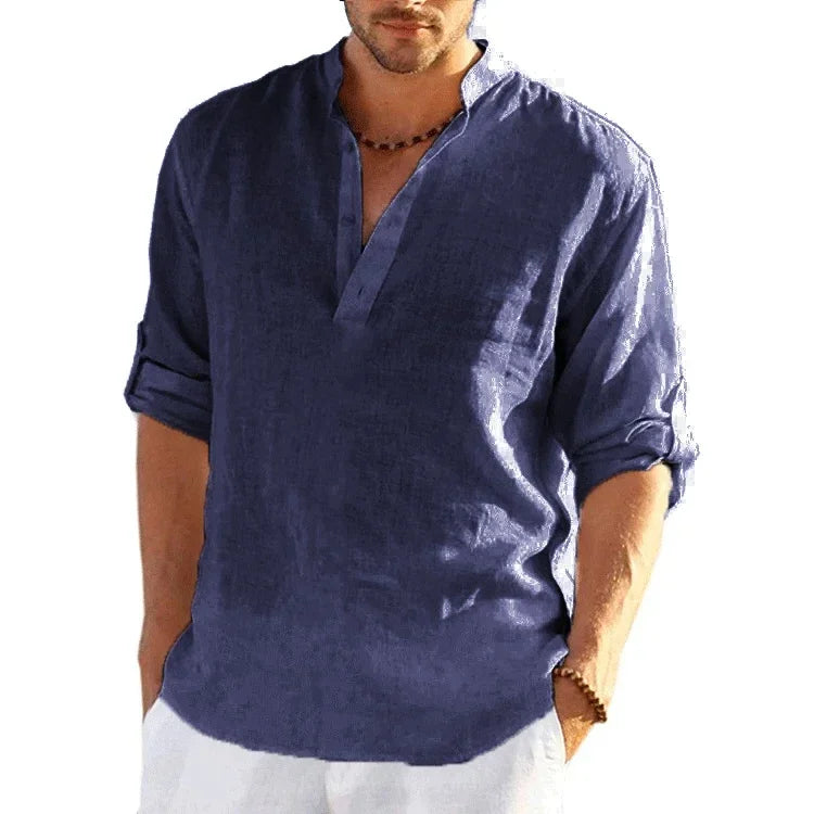 New Men's Linen Long Sleeve T Shirt Solid Color Loose Casual Breathable Shirt Cotton Mens Shirts Designer Lightweight Streetwear