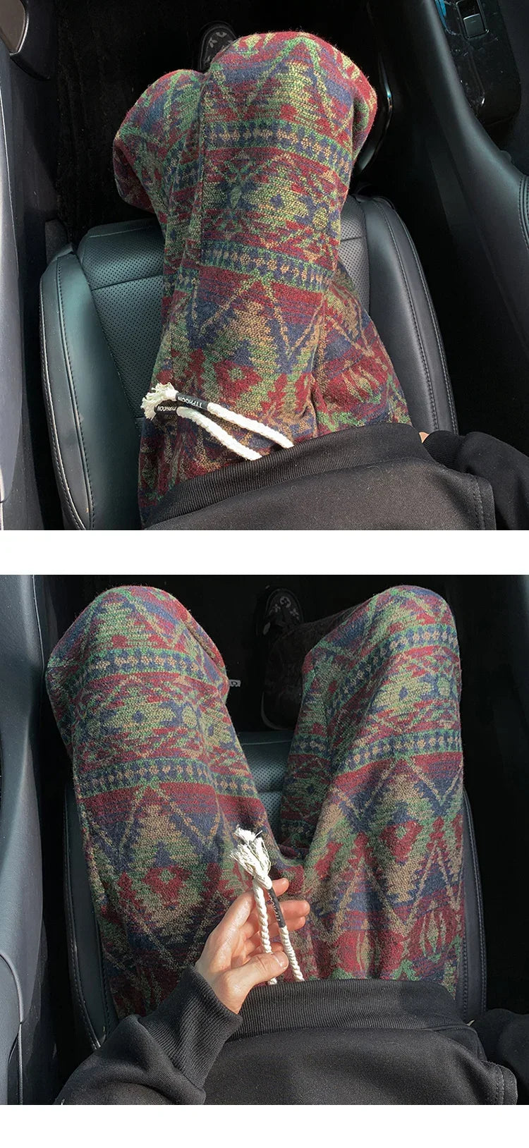 Wide leg pants Men's Vintage Geometric Knitted jacquard pants Casual Straight  Pants Ethnic Tribal Style Winter Trousers man