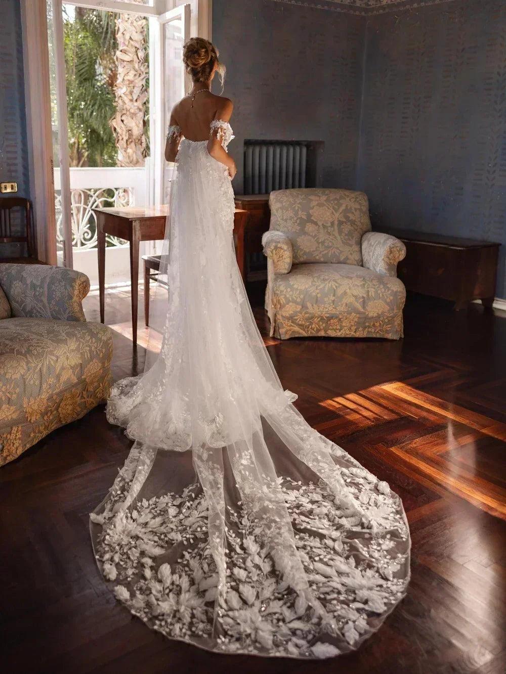 Shiny 3d flower wedding dress with train mermaid long bridal gown