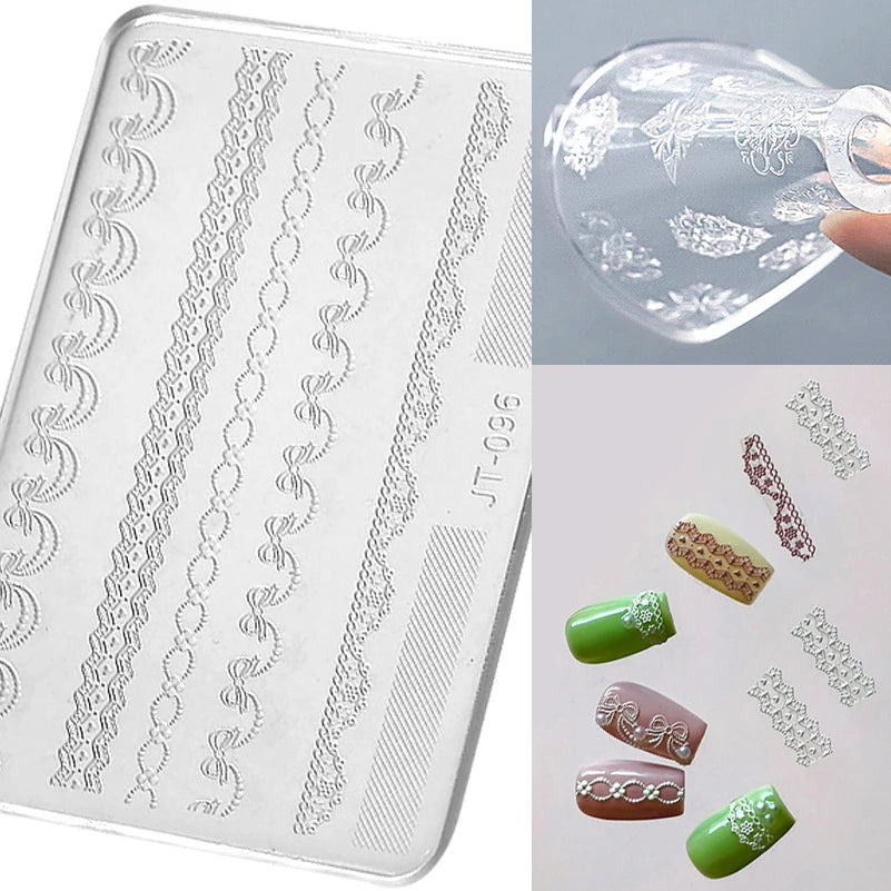 Geometric Bowknot Grid Lace Flora Edge Nail Art Silicone Carving Mold Mould Star Daisy Flower Charms Bow Tie Snowflake Template