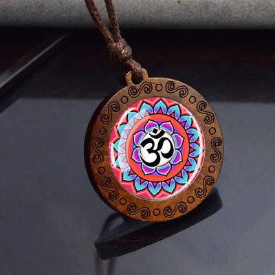 Hinduism Om Symbol Wood Glass Pendant Necklace Yoga Meditation Jewelry
