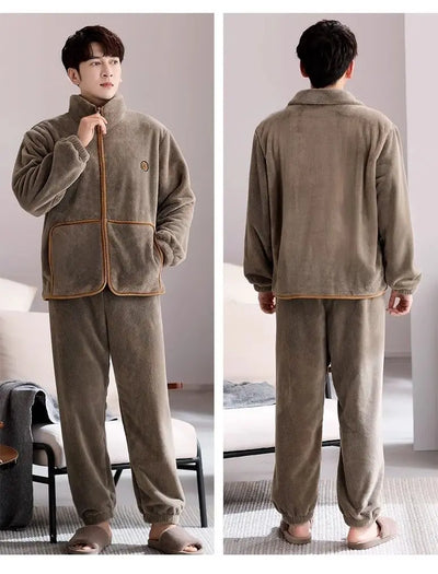 Men's Plush Fleece Pajamas Set Winter Warm Flannel Sleepwear