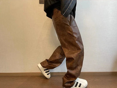 Mauroicardi Autumn Long Retro Cool Baggy Distressed Washed Brown Soft Pu Leather Wide Leg Pants for Men Luxury Designer Clothes