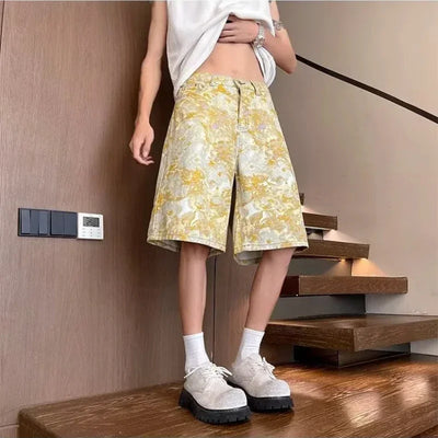 Yellow Tie-Dye All-Over Jacquard Denim Shorts for Men - Summer Thin Style, American Retro Loose Straight Camo Five-Point Pants