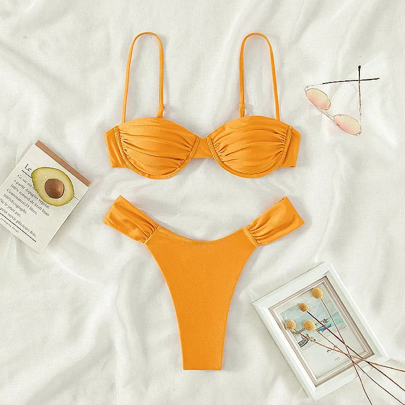 2023 New Swimwear Women Bikini Sets New Sexy Bikini Set Solid Color Sling Pleated Split Swimsuit Women 2 Pieces Micro Bikini Swi