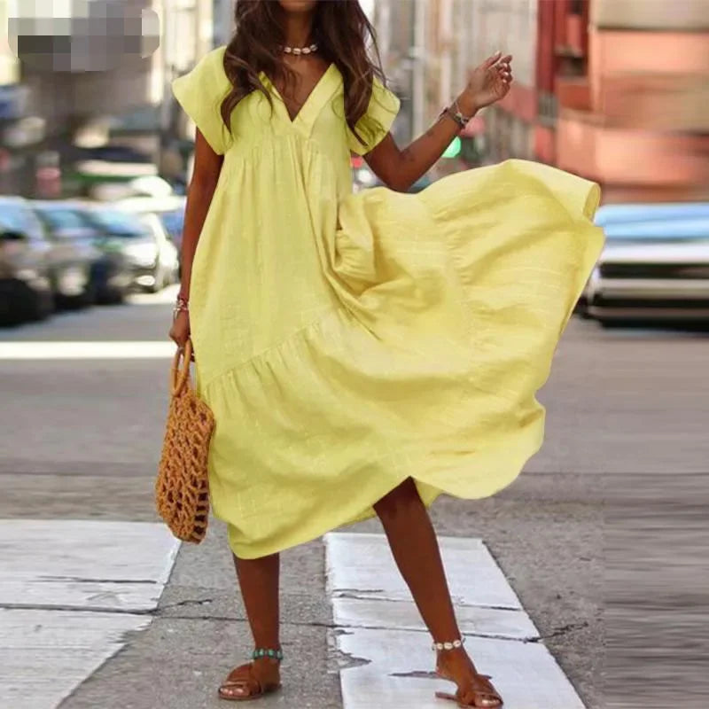 Cotton Linen Sexy V-neck Short Dress Summer New Women's Solid Color Multi-color Casual Loose Short Sleeved Mid Length Dress