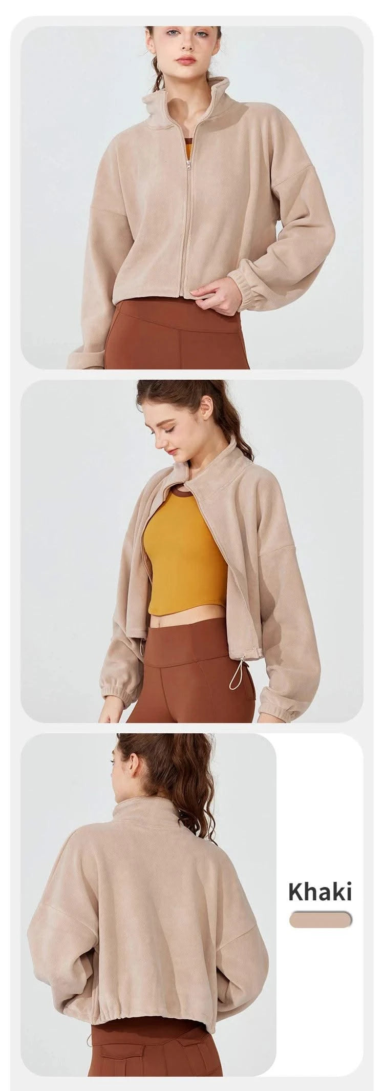 Women's Fleece Short Jacket Full Zip Stand Collar Warm Winter Sherpa Crop Coats with Drawstring Hem Gym Fitness Sports Clothing