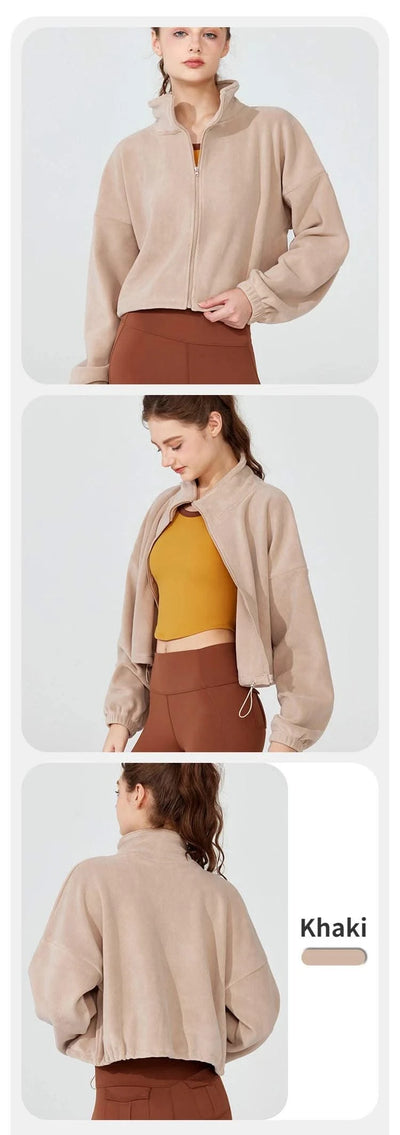Women's Fleece Short Jacket Full Zip Stand Collar Warm Winter Sherpa Crop Coats with Drawstring Hem Gym Fitness Sports Clothing
