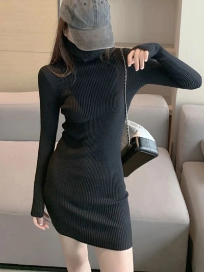 Elegant Turtleneck Knitted Women Dress Elastic Long Sleeve Above Knee vestidos mujer Basics Solid Slim-fit Dresses Female