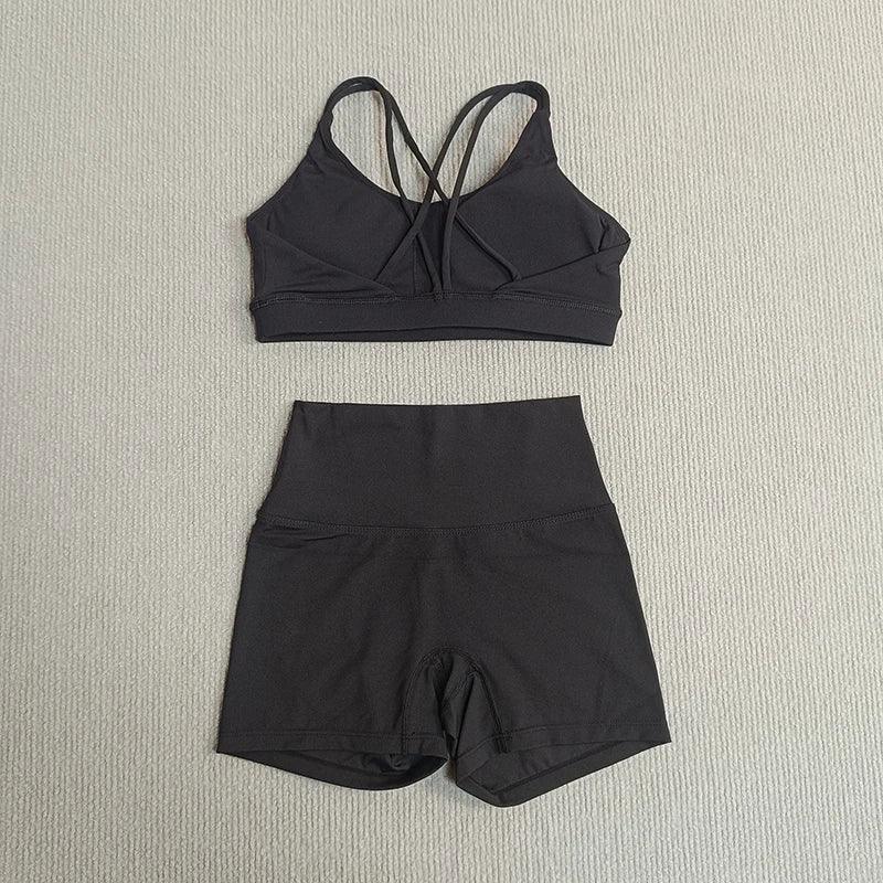 2 Pieces Yoga Set Gym Shorts Sports Set Women Workout Outfit Fitness Suit Cross Straps Bra High Waist Shorts Running Tracksuit