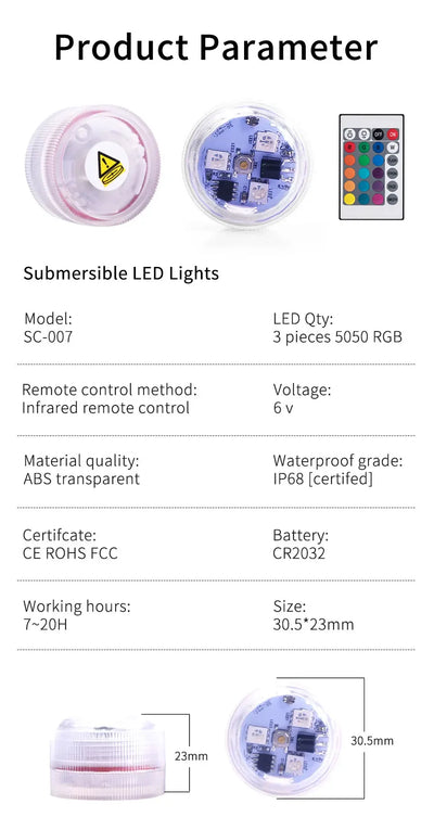 3Leds RGB LED Underwater Light Submersible Night Lamp Battery Powered Garden Swimming Pool Light For Wedding Party Vase Bowl