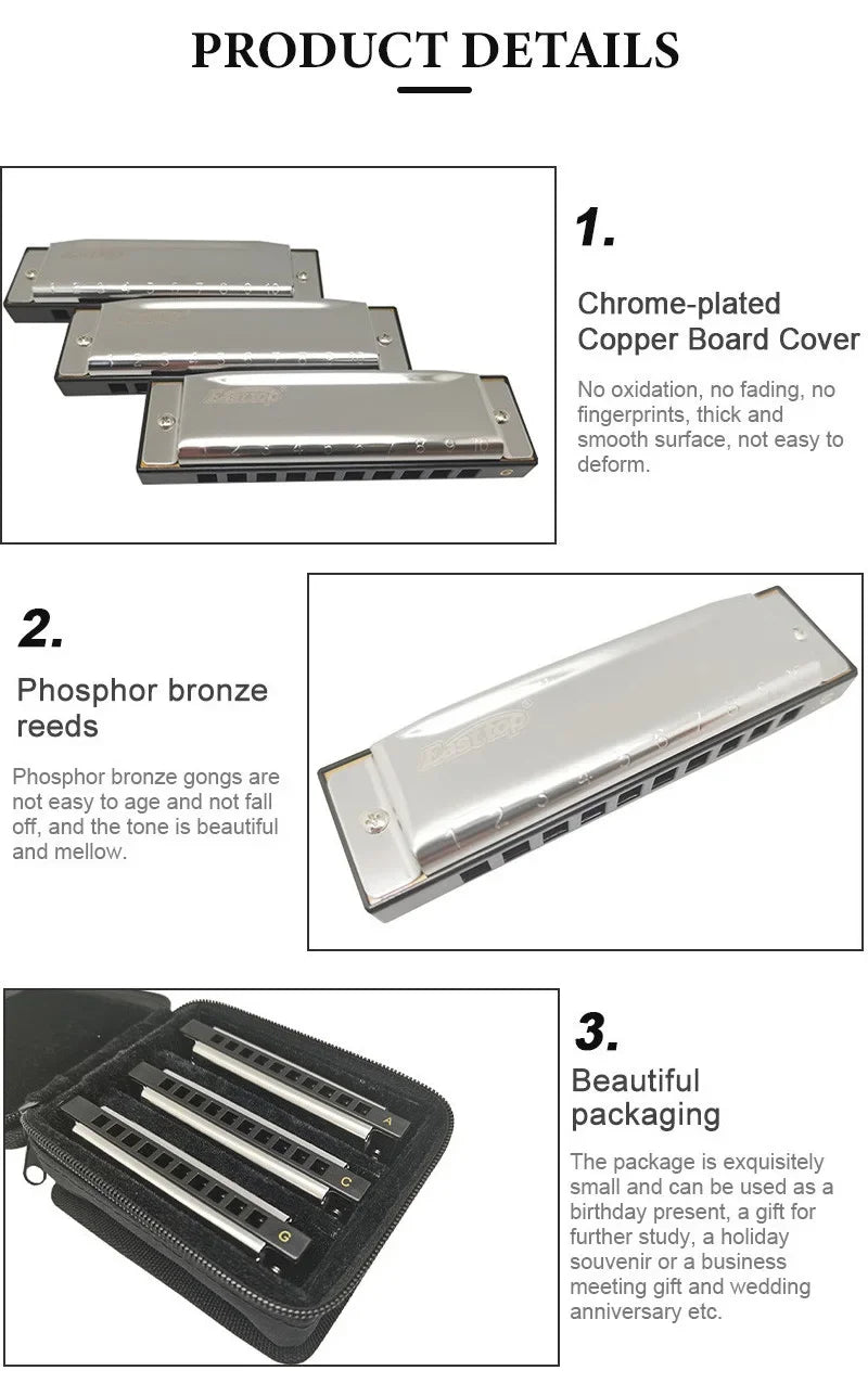 EASTTOP T10-3-3 set of 3 of Diatonic Harmonica 10 Hole 20 Tone Blues Diatonic Harmonica for Adults Beginners Professionals