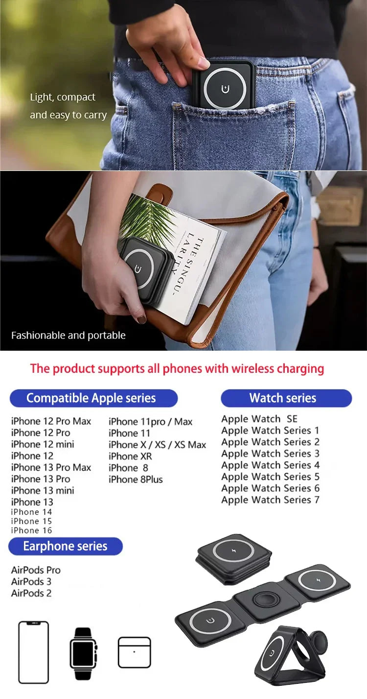 Wireless Charger 3 in 1 Charging Station for iPhone 15/14/13/12 Series Travel Charger for Multiple Devices for AirPods 3/2/Pro A