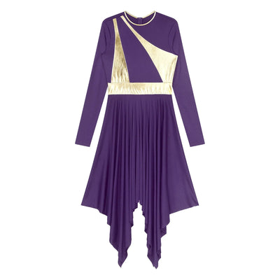 Women Church Choir Worship Liturgical Dress Modern Lyrical Dance Waltz Stage Performance Costume Long Sleeve Metallic Shiny Gown