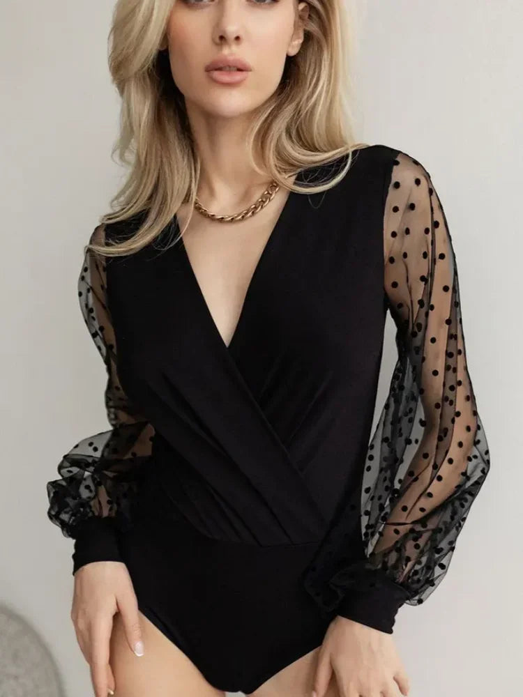 Spring/Summer Women's Tights Stretch fabric balloon sleeves crossover collar polka dots long sleeves mesh panels