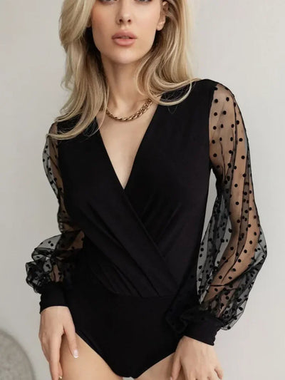 Spring/Summer Women's Tights Stretch fabric balloon sleeves crossover collar polka dots long sleeves mesh panels