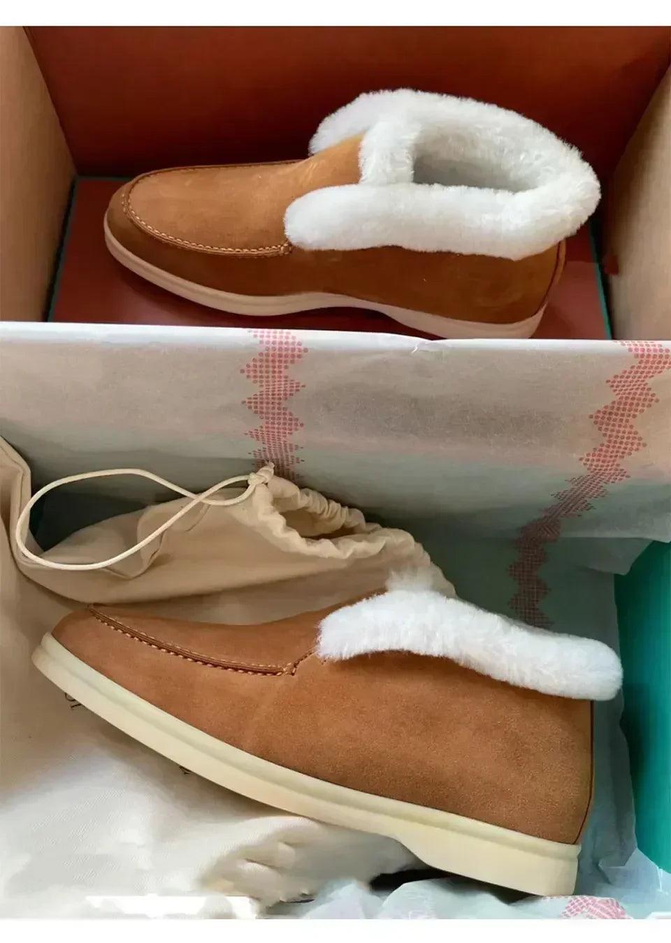 Fur ankle boots women’s cow suede loafers high quality 2025 winter flat shoes integrated warm snow