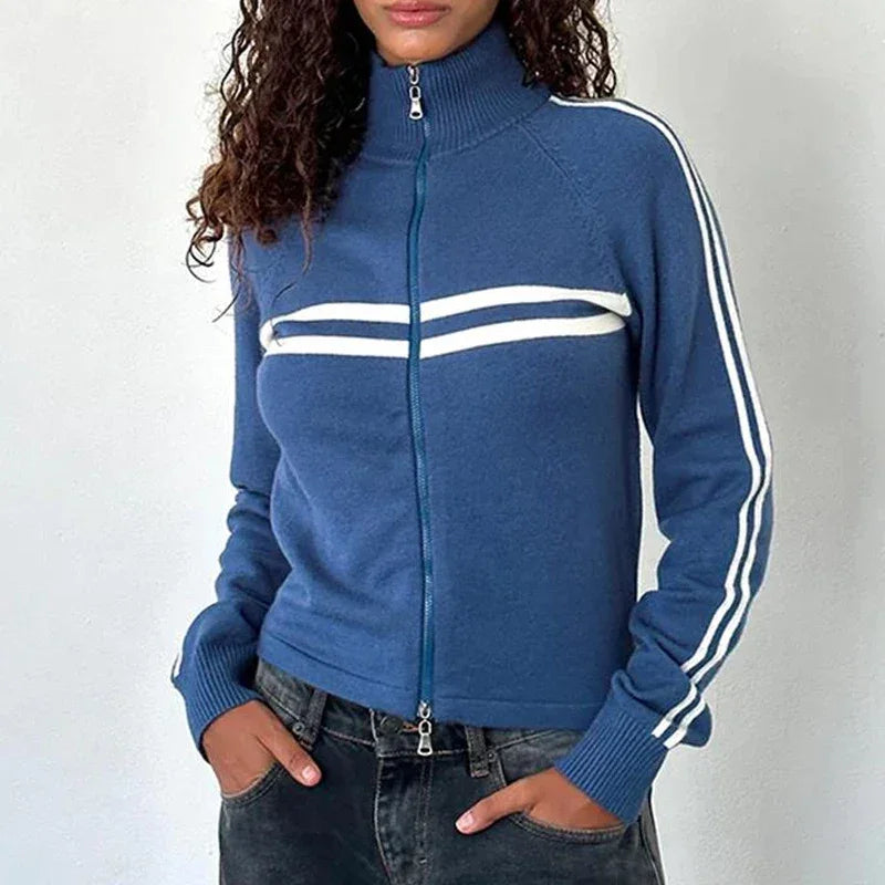 Women Workout Knitted Biker Jacket Vintage Striped Print Casual Long Sleeve Zip up Sweater for Outwear Cardigan Y2k Streetwear