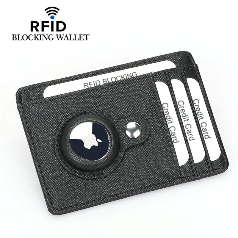 Black leather RFID-blocking wallet with Apple logo and AirTag holder