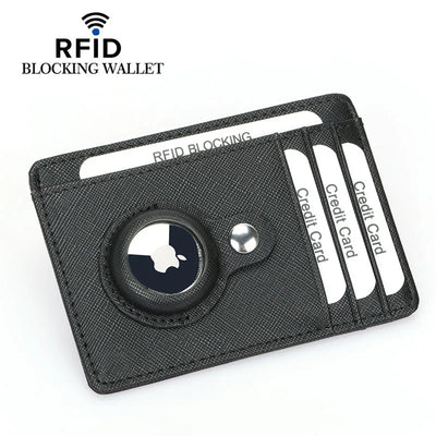 Black leather RFID-blocking wallet with Apple logo and AirTag holder