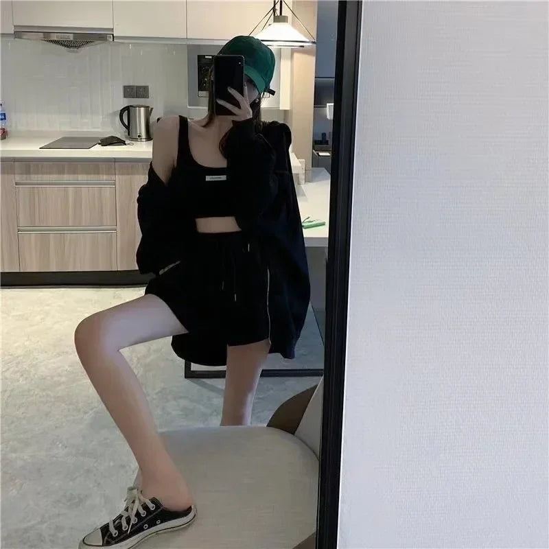 Shorts Three 3 Piece Sets Women Casual Vest Drawstring Short Hooded Zipper Jacket Sportswear Suits Y2k Streetwear Sports Hoodies