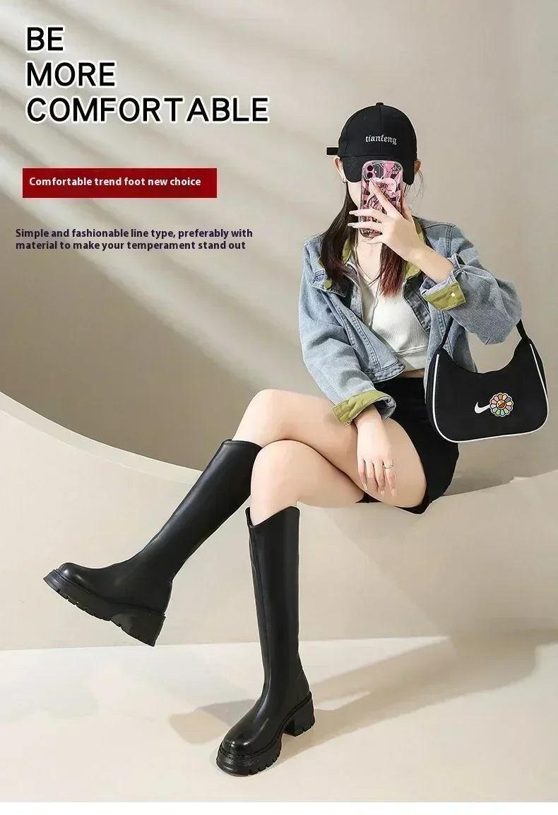 Long tube boots for women 2025 winter new height increasing knight thick heel retro versatile women’s