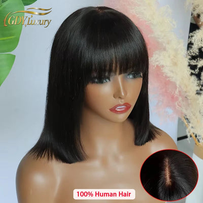 Unprocessed Raw Hair Short Bob Wig With Bangs Bone Straight Human Hair Wigs Fringe Middle Part Bob Lace Wigs Realistic Scalp Wig