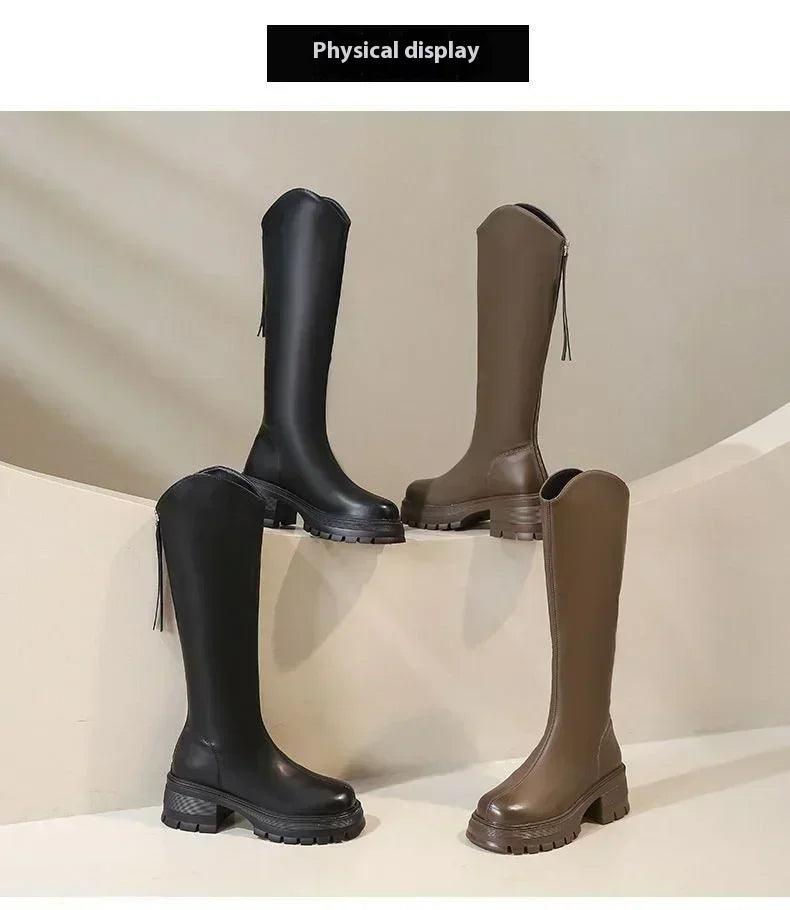 Long tube boots for women 2025 winter new height increasing knight thick heel retro versatile women’s