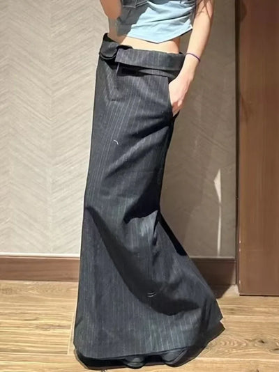 Slimming High Waist Striped f Skirt for Women Spring New Sle Turn up  Straight Long Skirt Faionable Design Sensation