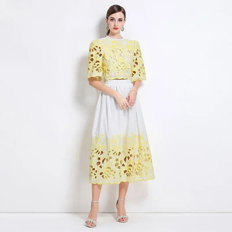 Summer Short Sleeve A-LINE Set Skirt for Women Fashion Ruffled Collar Embroidery Set Skirt Women Vestidos De Verano Mujer Q344